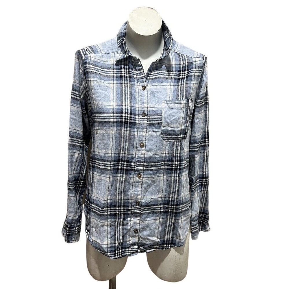 Hollister Womens Plaid Button-Up Shirt Blue Gray Flannel Long Sleeve XS